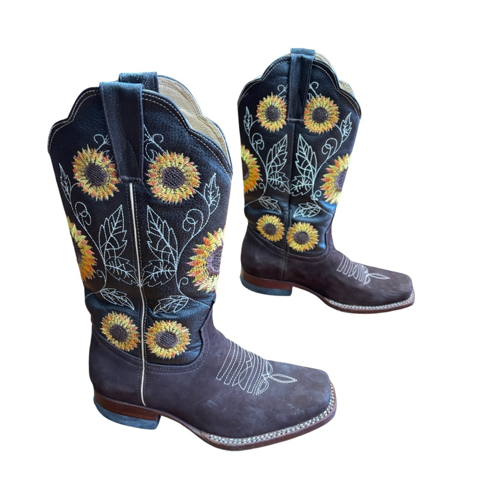 Women's Cowgirl Rodeo Western Boots Sunflower Embroidered Leather Square Toe